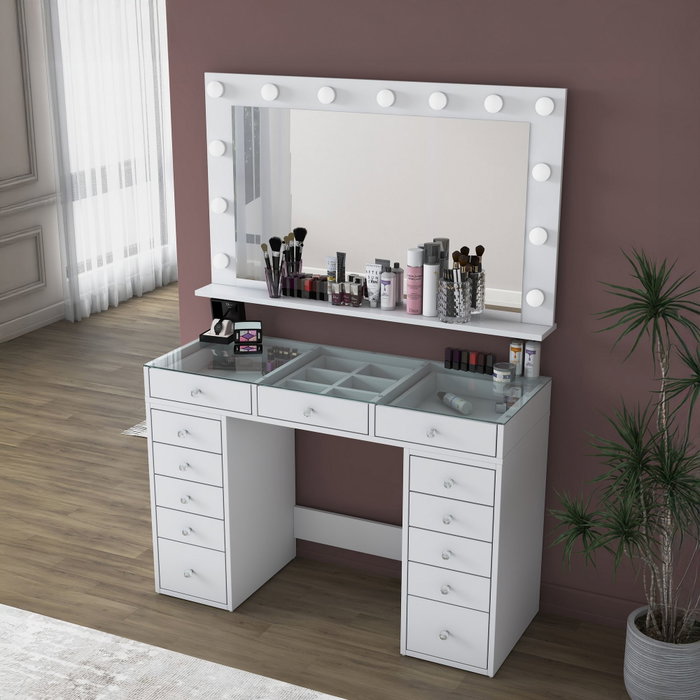 Hanah Home Mesa de Maquillaje Blanca con Espejo de 13 Focos